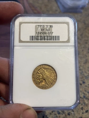 NGC 1913-S $5 Gold Indian Coin, XF 40, Nice Original Coin, Free Shipping, (D)
