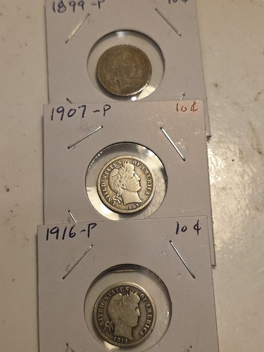 Lot of Three Barber Dimes, 1899 1907 & 1916 All Philadelphia 90%