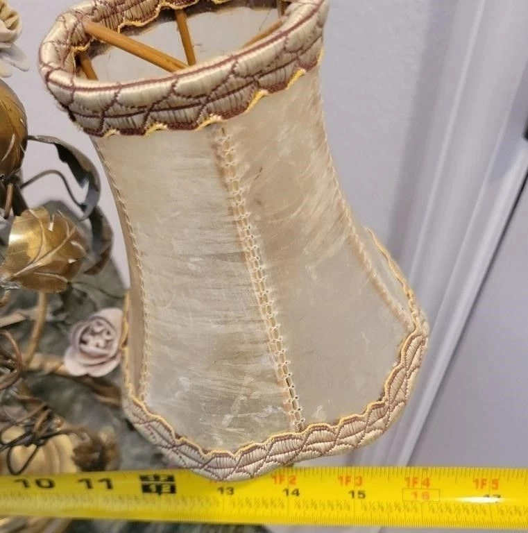 Antique French Tole 2 Arm Candelabra Bird Cage Lamp w/Enamel Flowers Silk Shades - Image 4 of 4