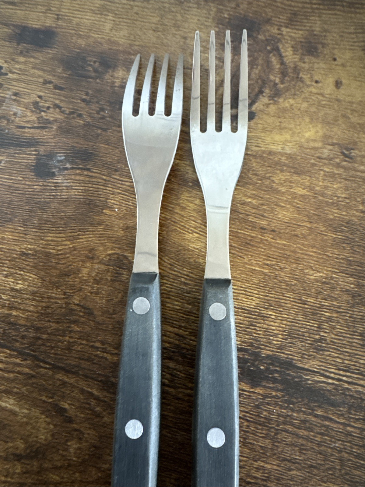 2 Salad Forks Ronco Triple Rivet Black Plastic Melamine Handle Stainless Dots