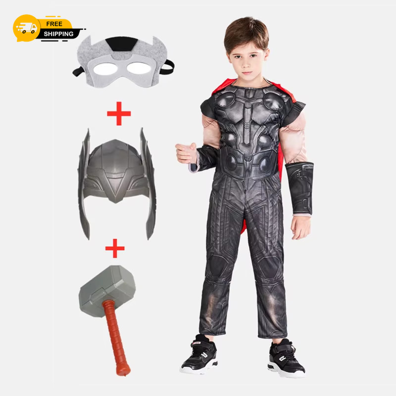 Disfraz de Thor para niños Superhéroe para niños Vestido elegante Conjunto para niños con martillo
