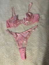 VTG Beautiful Pink Satin Bra And Panties with flower embroidery Set Size L
