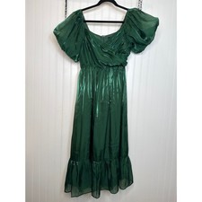 NWOT Lulus Remarkable Sensation Emerald Green Puff Sleeve Tiered Midi Dress Sz S