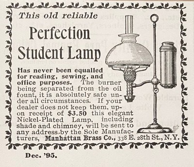 Antique 1895 PERFECTION STUDENT LAMP Manhattan Brass Co. Vtg Victorian Print Ad