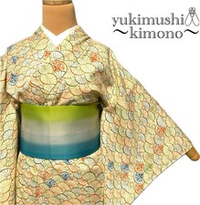 Blue Green Orange Washable Kimono Small Pattern Lining Used Japan