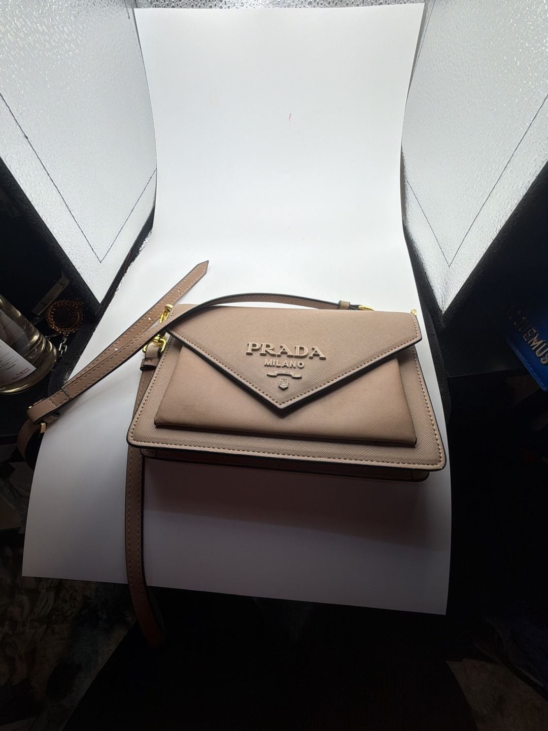 Prada Saffiano Leather Envelope Crossbody Bag in Beige/Nude