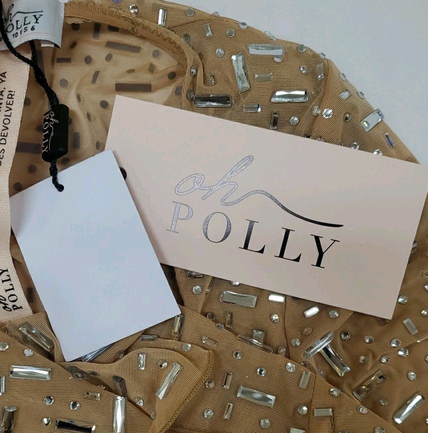 New OH POLLY Zeta Sheer Embellished Long Sleeve A Line Mini Dress Almond Sz  8 | eBay