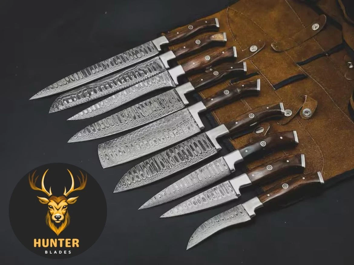 Custom Handmade Damascus Steel 9 Kitchen Knives, Chef Set with Rose Wood Handles