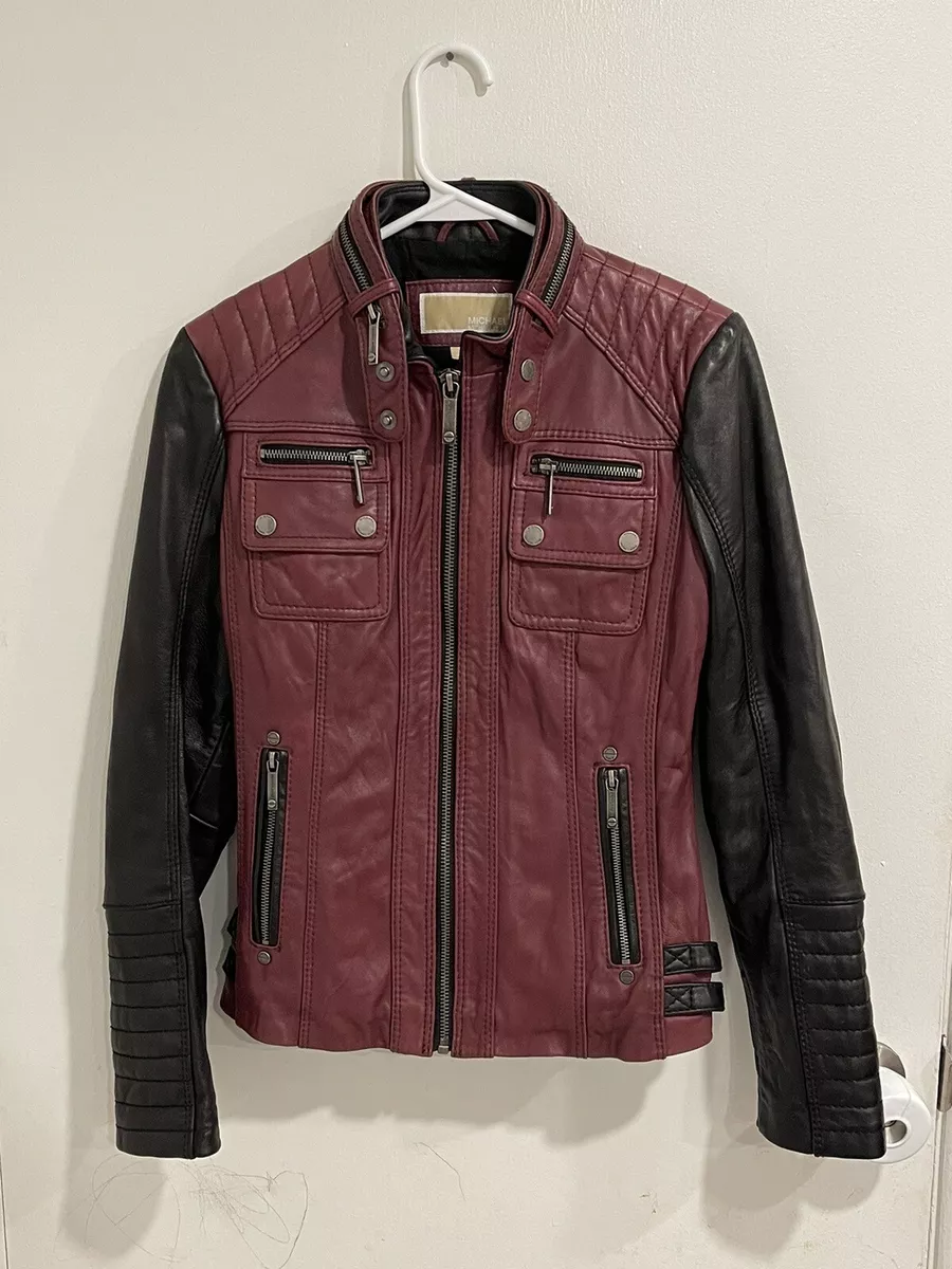 Michael Kors Moto Leather Jacket Coat Buckle Burgundy Black