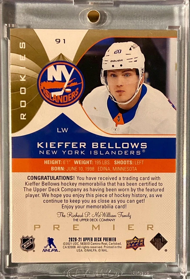 2020-21 Upper Deck Premier Rookie Relics Gold Kieffer Bellows /49 #91 - Image 3 of 3