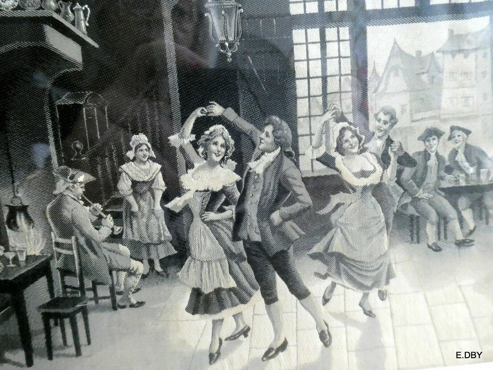 ANCIEN TABLEAU SOIE TISSEE NF ST ETIENNE FRANCE DANSES VILLAGEOISES - Photo 2/3