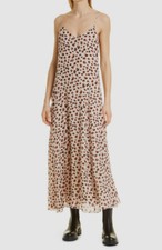  525 Theory Women's Beige Silk Leopard V-Neck Midi A-Line Dress Size 6