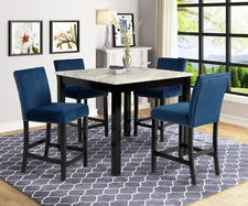 NEW 5PC Counter-Height 42" Square White Faux Marble 4 Blue Chair Pub Table Set