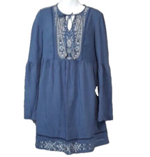 Knox Rose Womens BOHO Dress XS Blue Bell Sleeve Embroidered Casual NWT