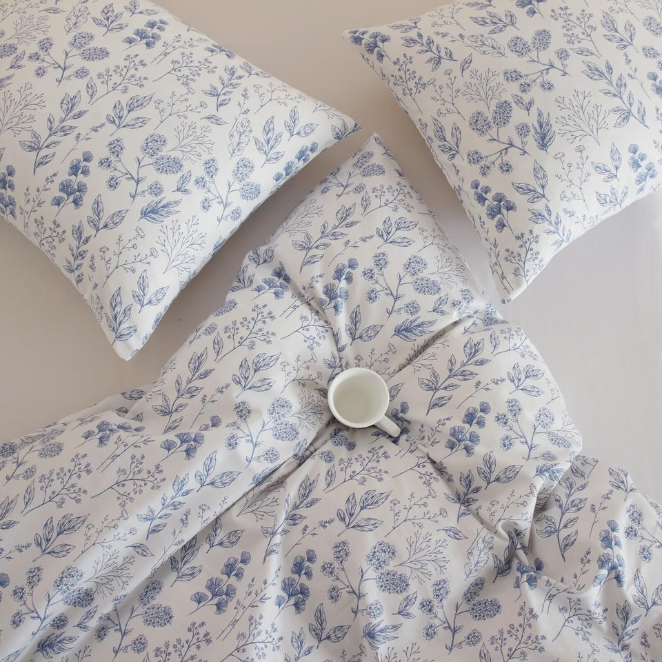 REYOS 3 Piece Floral Duvet Cover Queen White Duvet Cover Blue Floral