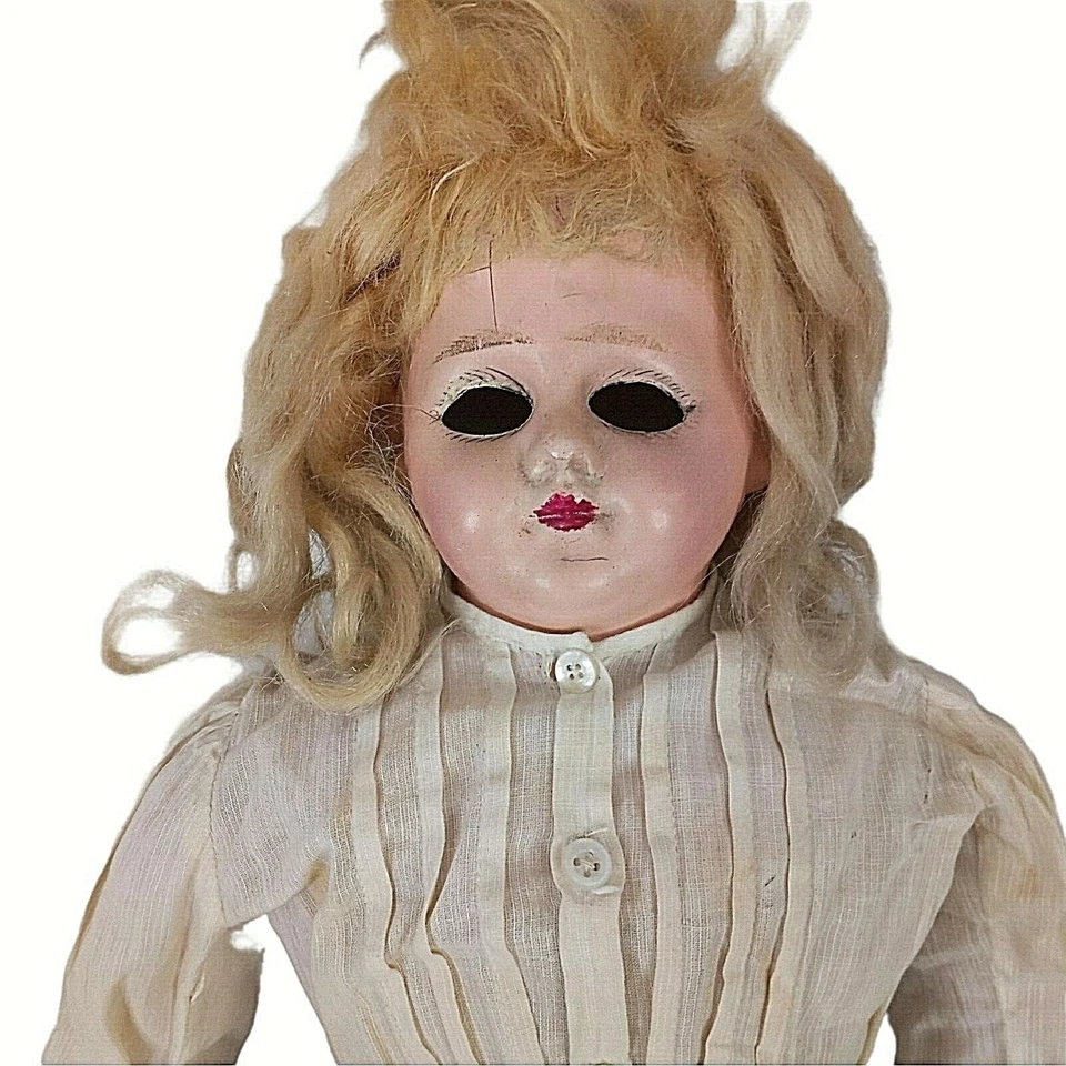 Cabeza de muñeca de celuloide vintage cuerpo de tela sin ojos piezas espeluznantes o reparación COMO ESTÁ 20" Foto 2 de 4