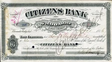 1876 Citizens Bank Stock Certificate