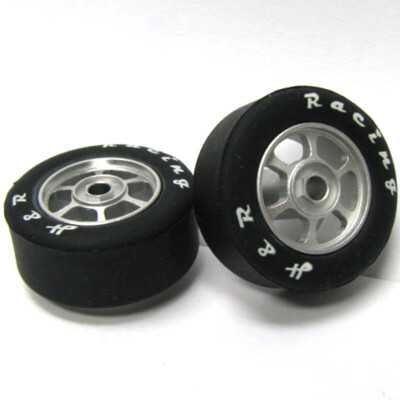 NEW H&R Racing HR1351 6 Spoke 12mm Chrome Wheel with Rubber Tire (2) 1:24 Slot