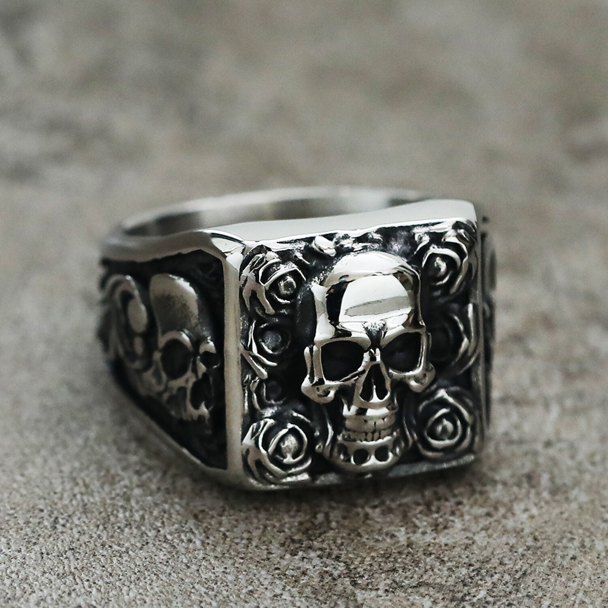 Gothic Rose Skull Signet Ring Stainless Steel Death Skull Biker Ring Size  7-13