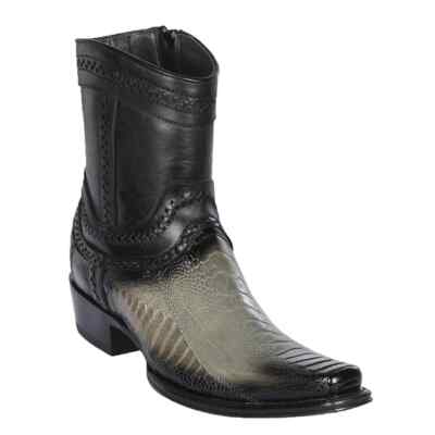 Los Altos GRAY OSTRICH LEG Ankle Boot SQUARE Toe Side Zipper D 76B0538