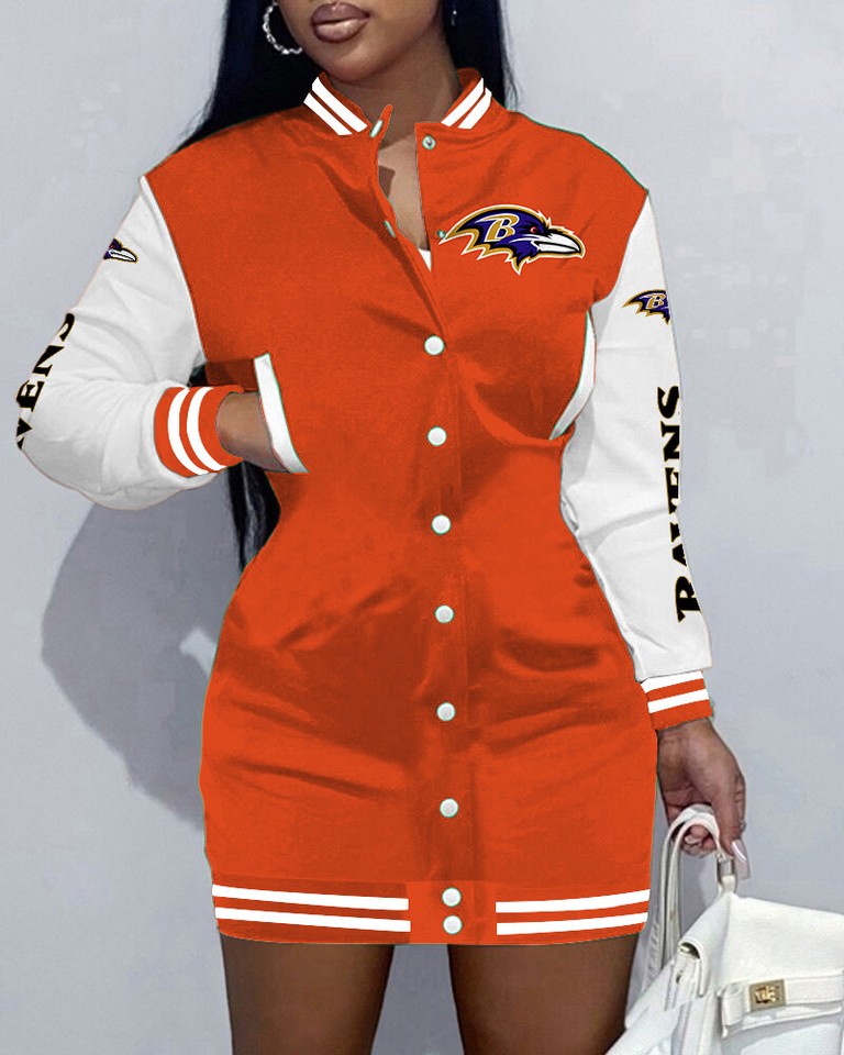 Baltimore Ravens Varsity Jacket Dress Snap Button Long Sleeve Solid