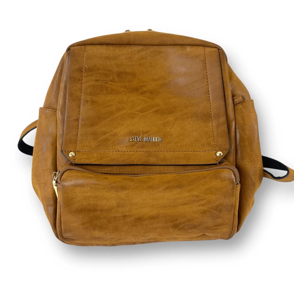 Steve Madden Caramel Leather Backpack with Flap Closure and Thin Straps NWT Steve Madden Camel Brown Purse Backpack | eBay main image 4