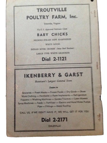 1955 EAGLE ROCK, VA, FINCASTLE TROUTVILLE TELEPHONE DIRECTORY, PHONE BOOK - Picture 3 of 3