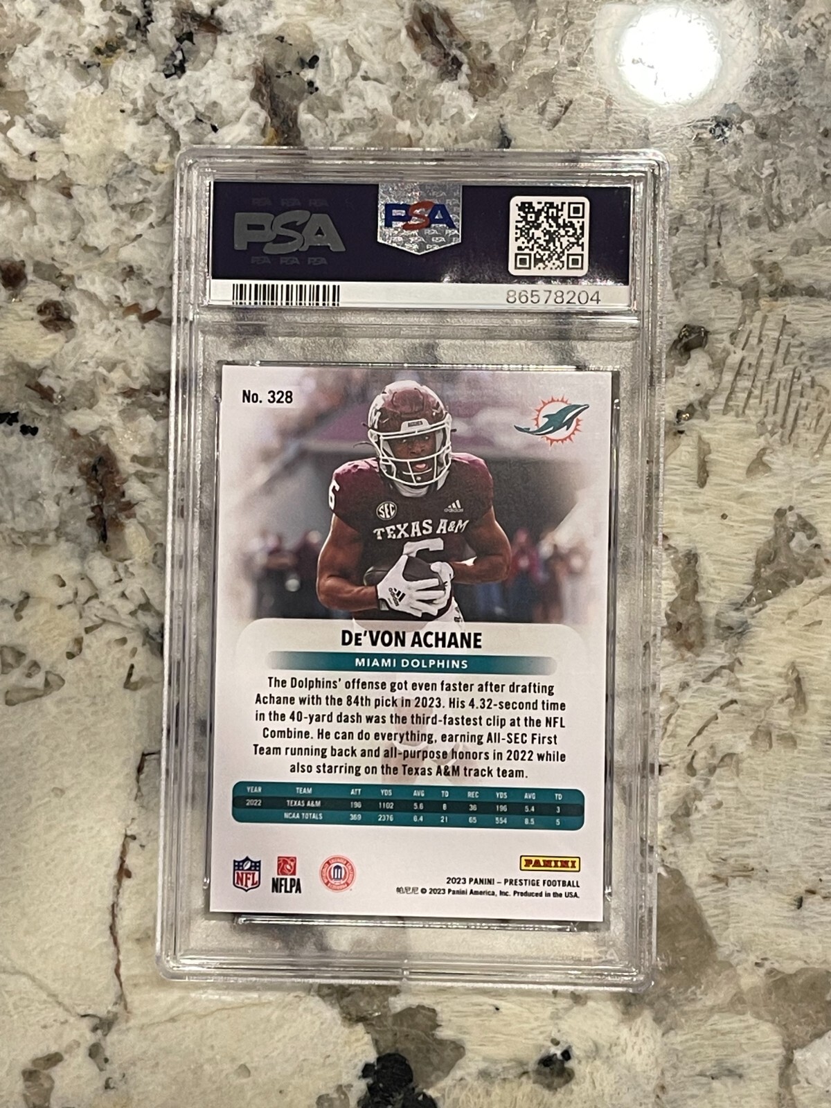 2023 Prestige De'Von Achane RC PSA 10 view 2