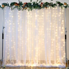 White Tulle Backdrop Curtain with Light String for Parties 10×8Ft Sheer Backdrop