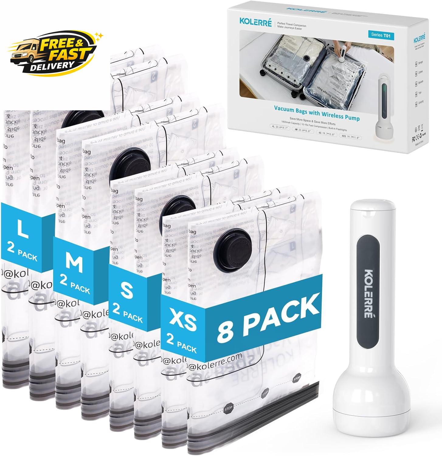 Travel Vacuum Bags with 2026 Lastest Wireless Pump, 8 Pack-4 Sizes Space Saver V