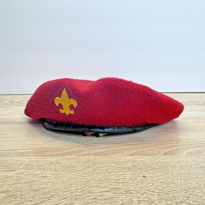 Vintage BSA Boy Scouts Red Wool Beret Gold Fleur de Lis Medium 6 7/8-7