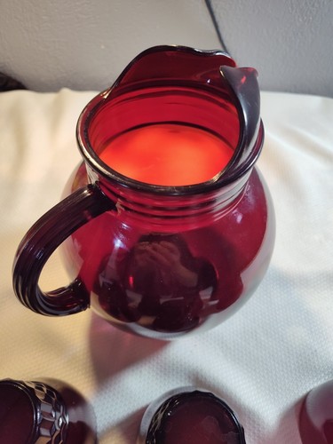 Royal Ruby Red Glass Ball Pitcher Anchor Hocking Set + 8 Glasses 1394 - Picture 6 of 8