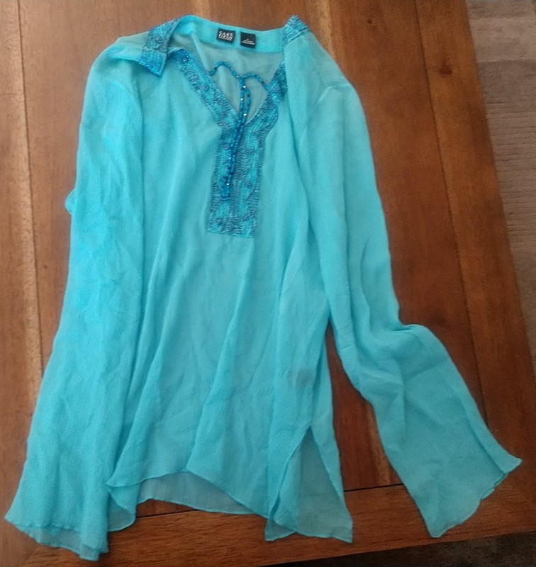 SAKS FIFTH AVENUE ~ Size Large 100% Silk BEADED Embellish Sheer Bell Slv Blouse