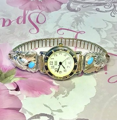 Navajo Solid Silver Eagle Watch Tips With Turquoise/Gold Vermeil + Golden Watch