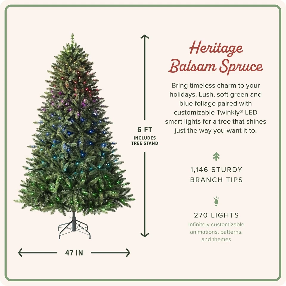 6/7/8 pies Árbol de Navidad artificial de abeto bálsamo Heritage preiluminado con Twinkly LE Foto 2 de 4