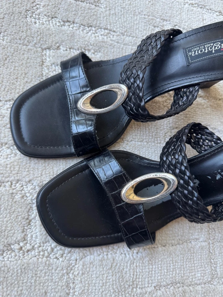 Sandalias De Colección Y2K Brighton Rebeca Gatito Tacón Cuero Negro Plata Acento 9N Foto 3 de 4