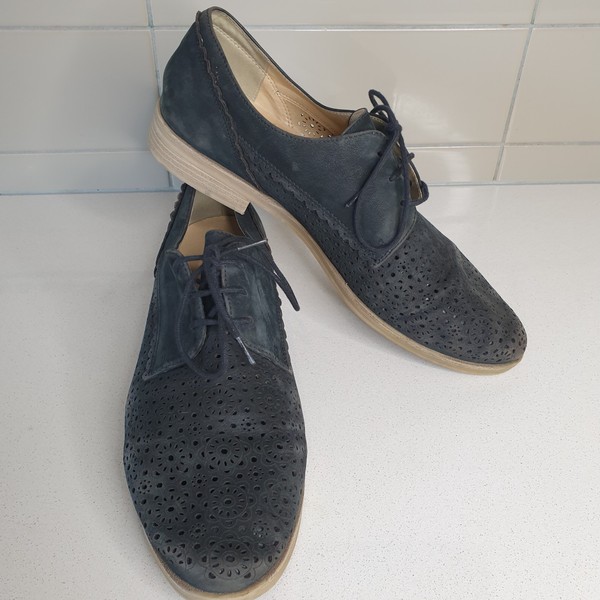 Easy Steps Size 11 "NERO" Brogues Black Suede Leather Women Flat Shoes, 3cm Heel