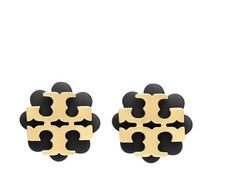 Tory Burch Logo Flower Resin Stud Earrings Black  Gold NEW