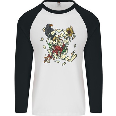Broken Skull With Roses & Raven Herren Baseballshirt L/S Slim Baumwolle Jersey