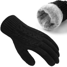Thicken Wool Winter Gloves for Women Warm Fleece lined Touch Screen Knit Black