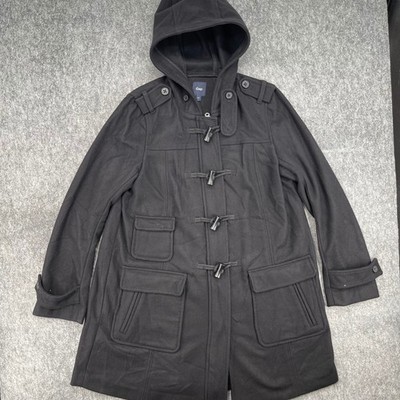 Gap Jacket Mens Large Black Wool Blend Hooded Toggle Duffle Coat