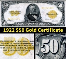 HGR SUNDAY 1922 $50 Gold Certificate (RARE $50 - WANTED) VERY LIGHTLY CIRCULATED