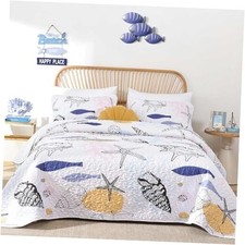 Coastal Quilt Set King Size Nautical Beach Quilt King 90"x110" Light Blue