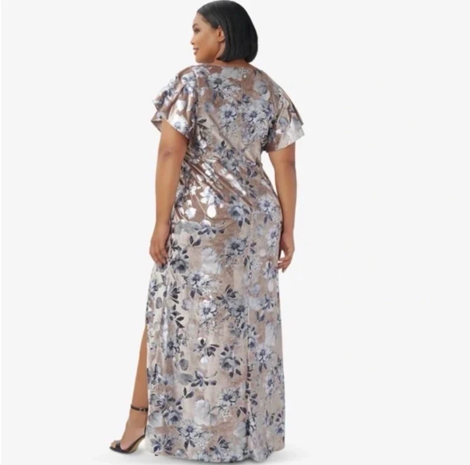 Adrianna Papell Papell Studio Women Tan and Silver Floral Formal Dress Size 26 - Image 2 of 4