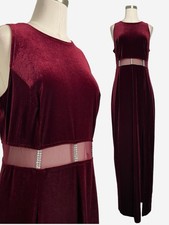 Vintage 90s Donna red velvet cutout mesh rhinestone slit maxi gown holiday M