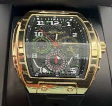 Ed Hardy Quartz Tonneau Watch Gold Tone Black Multi-Dial Rubber Strap Box