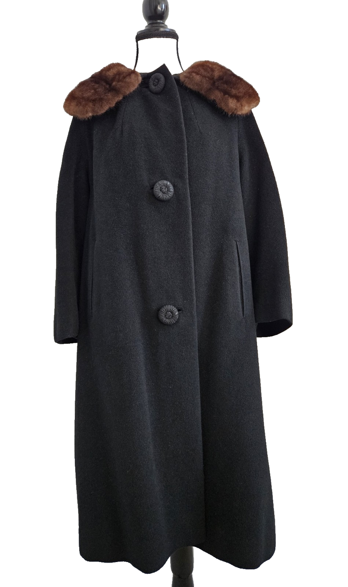 Vintage 1950s Shagmoor 3 Button Black Wool Brown Mink Collar Coat