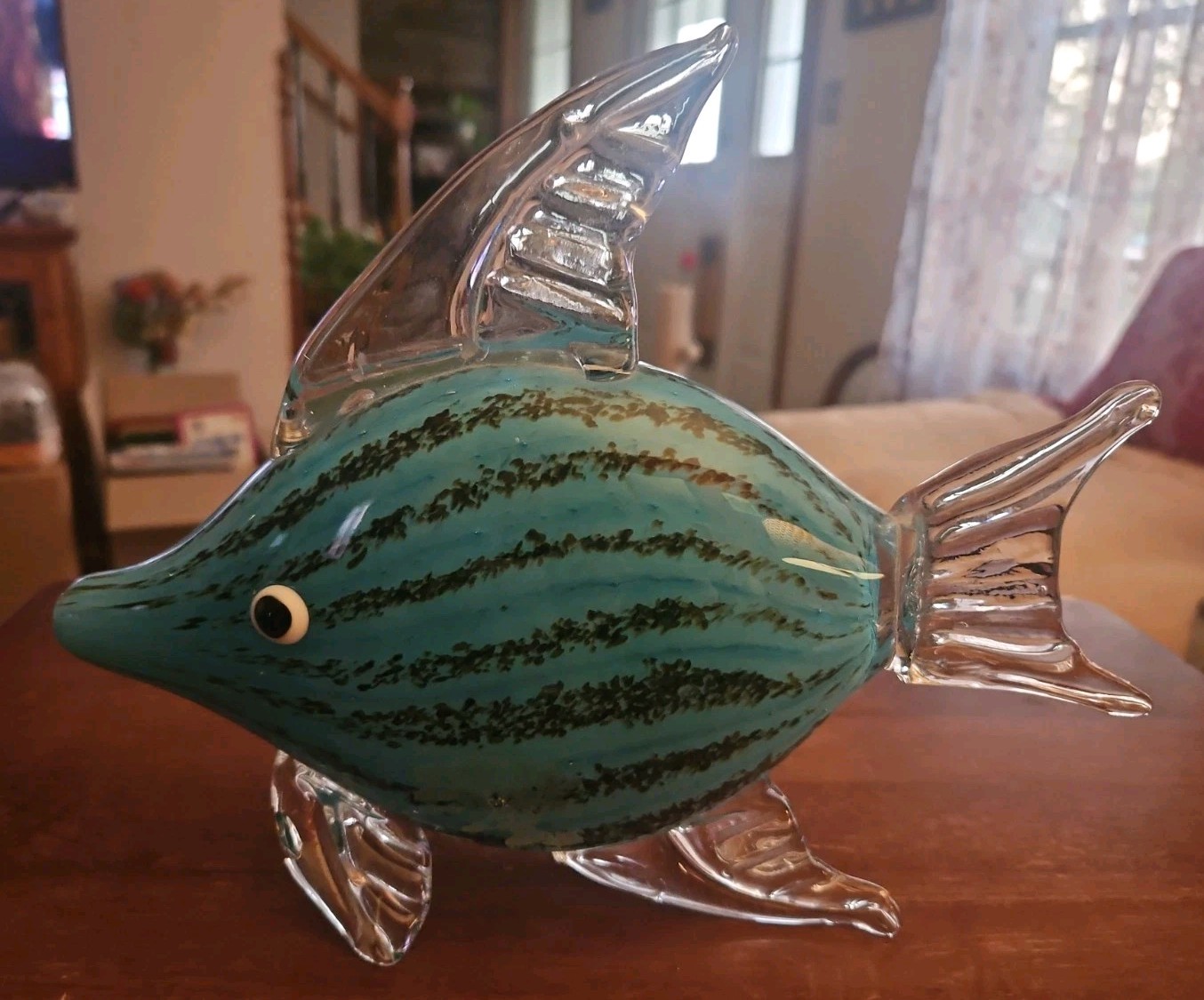 Vintage Murano Styled Art Glass Fish Blue Clear 8" T 10.5" L Figure Figurine