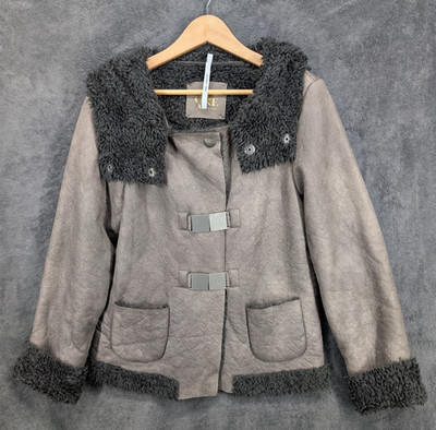 Cop. Copine Shearling Faux Leather Hooded Coat Kimy Veste Jacket Brown Size 42 M