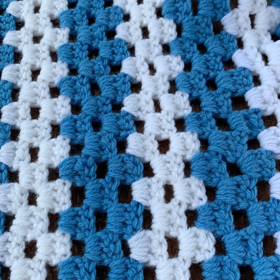 Handmade Crochet Granny Square Lap Blanket Blue White Scallop Afghan 34x35 - Image 2 of 4